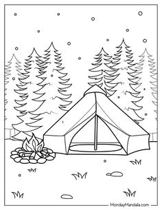 a coloring page with a tent in the woods