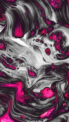 an abstract painting with pink, black and white colors on it's surface is shown