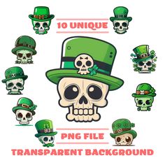 a bunch of skulls with hats and clovers on them, all in different colors