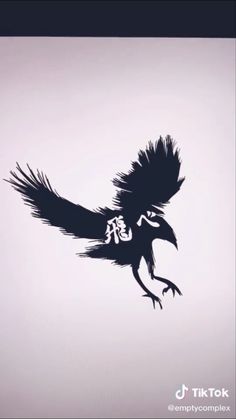 a black bird flying in the sky with chinese writing on it's back side