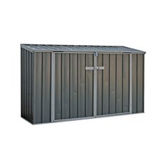 a metal storage shed with the door open