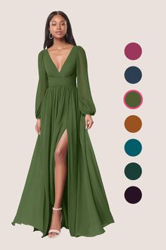 a woman in a long green dress with different colors