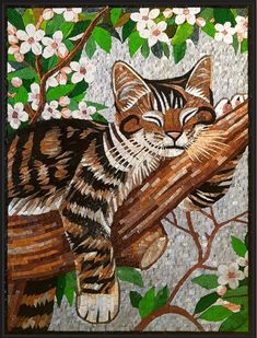 a painting of a cat on a tree branch with white flowers in the back ground