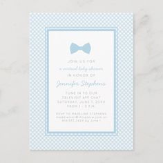 a blue and white gingham baby shower with a bow tie on the front