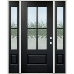 a black double door with frosted glass on the front and side doors to both sides