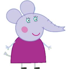 a cartoon pig with green eyes and pink dress, standing in front of a white background