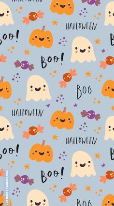 halloween seamless pattern with ghost, pumpkins and boo on blue background for children's wallpaper