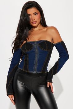 Available In Black/Blue. Denim Corset Top Long Sleeve Off Shoulder Front Zipper Closure Color Block Detail Contrast Stitch Cropped Partially Stretch Disclaimer: Due To The Specialized Wash Process, Each Garment Is Unique. 65% Cotton 29% Polyester 4% Rayon 1% Other Fiber1% Spandex Imported | Booked And Busy Denim Corset Top in Black/Blue size XL by Fashion Nova Denim Corset Top, Denim Corset, Women Shirts Blouse, Corset Top, Matching Dresses, Active Wear For Women, Blue Fashion, Blue Black, Fashion Nova