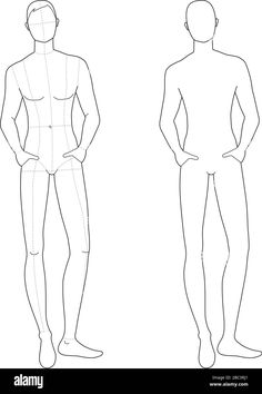 the front and back view of a man's body with his hands in his pockets