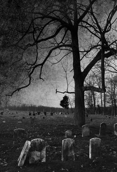 an old cemetery with tombstones and trees in the foreground at night, black and white photograph