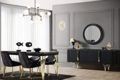 an elegant dining room with black and gold furniture