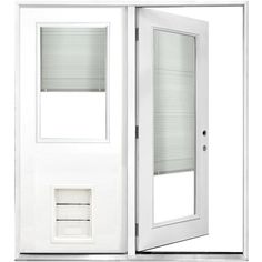 an open white door with blinds on the side and window in the middle that is closed