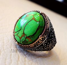 green copper turquoise huge natural stone men ring sterling silver 925 stunning genuine gem two tone persian arabic style jewelry all sizes Risk free Quality guarantee policy : If you are not satisfied with your item for any reason simply send it to us and you will get a replacement or refund . please write or choose your size with the order and we will size it for you . Our ring is handcrafted mostly with a few simple tools . but some methods are used in casting like lost wax method . sterling Luxury Green Turquoise Ring With Polished Finish, Luxury Polished Turquoise Ring For Men, Persian Turquoise Ring, Stones Rings, Persian Turquoise, Vert Turquoise, Arabic Style, Dope Jewelry, Ring Men