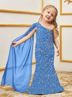 Azul Fiesta Collar sin mangas Lentejuelas Liso,Estampado Integral Entallado y acampanado Embellished Elástico Ligero Primavera/Verano Sparkle Prom Dress, Asian Bridal Dresses, Girls Long Dresses, Split Sleeve, Dress Design Patterns, Short Gowns, Kids Designer Dresses, Blue Party