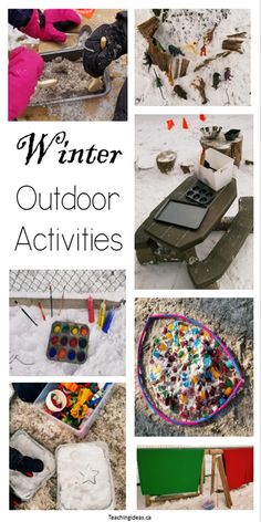 Outdoor education winter edition!  The pin is filled with wintery activities outside.  Children playing with wooden spoons, cookie cutters in the snow and a winter kitchen with frying pans and bowls.  Colourful ice cubes and paints.  Fabrics draped over a structure and plastic zoo animals in the snow. Therapist Activities, Education Activities For Kids, Outdoor Education Activities, Activity Stations, Learning Outside, Winter Kitchen, School Age Activities, Reggio Classroom