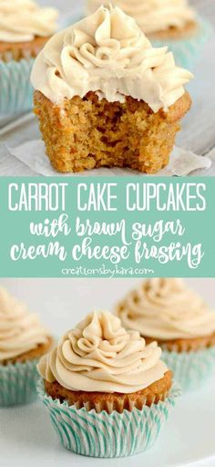 carrot cake cupcakes with brown sugar and cream cheese frosting are the perfect dessert