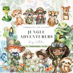 children's book cover featuring jungle adventurers and other animals in watercolor style