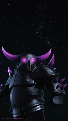 an animated character with purple eyes and horns in front of a night sky filled with stars