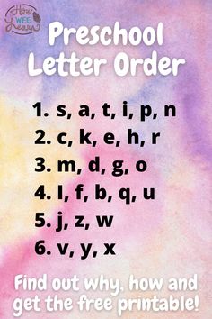 a poster with the words preschool letter order written in black and white on a watercolor background