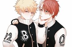 two anime boys with red hair and black vests, one is holding his chin on the other's shoulder