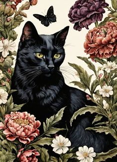 a black cat surrounded by flowers and butterflies