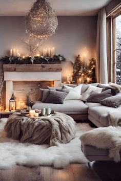 a living room filled with lots of furniture next to a fire place covered in candles