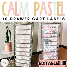 two cardboard drawers with the words, calm pastel and 10 drawer cart labels on them