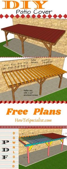 the plans for an outdoor patio cover are shown in two different sizes and colors, including red