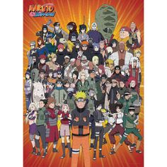 a group of people standing in front of an orange background with the words naruto on it