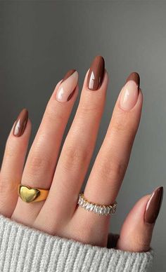 32 Prettiest Autumn Nail Art Designs : Chocolate Brown Nails Fake Nails With Glue, White Nail, Oval Nails, Brown Nails, Nail Arts, Nude Nails