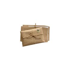 two brown envelopes tied together with string and paper advertise the package on white background