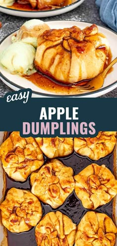 apple dumplings with caramel sauce on top and an image of apples in the background