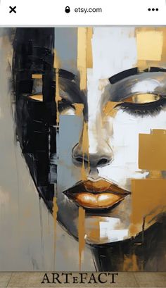 an abstract painting of a woman's face with yellow and black squares on it