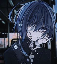 an anime character with black hair and blue eyes is talking on the phone while standing in front of a bus