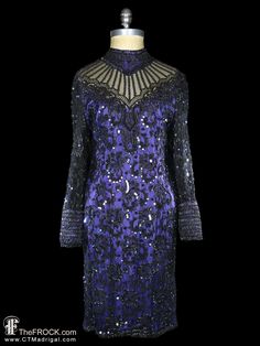 "BIG NEWS After 22 years, our website, TheFROCK.com, has had a makeover. Check out the new site, and join our mailing list for new arrivals.  Vintage Oscar de la Renta beaded and sequined black lace over indigo dress with radial-beaded neck. Rear center zipper. Measures bust 37.5\", waist 30\", length 39.5\", and sleeve length 23\". Condition is excellent.  Layaway is available. ALL DELIVERY DATES mentioned by Etsy are ESTIMATES, no delivery date or range is guaranteed, though most of our orders Beaded Long Sleeve Evening Dress, Sequined Evening Dress For Winter, Purple Sequin Dress With Contrast Sequin For Evening, Purple Contrast Sequin Evening Dress, Purple Beaded Party Dress, Purple Embellished Sequin Evening Dress, Purple Sequin Evening Dress For Night Out, Different Types Of Dresses, Indigo Dress