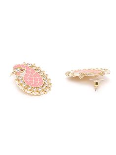 These beautiful pink paisley shaped stud earrings come with kundan stone studs & artificial beads, are gold-plated, and are secured with a post and back closure. These stud earrings can come handy when you want to confidently jazz up your outfit, yet want your outfit to do most of the talking. Product color may vary based on the monitor or screen you are using.See FAQ for more details. Size Length: 4 cm Details Material: BrassStones: Kundan & Artificial BeadsPlating: Gold-plated Pink Kundan Earrings For Gifts, Pink Drop Earrings For Diwali, Pink Pearl Earrings For Festivals As Gift, Pink Pearl Earrings For Festivals And Gifts, Pink Pearl Earrings For Gift And Festivals, Elegant Pink Jewelry With Peacock Design, Elegant Pink Peacock Design Jewelry, Peacock Earrings, Pink Paisley