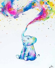 an elephant is sitting in front of a painting with a rainbow swirl coming out of it's trunk