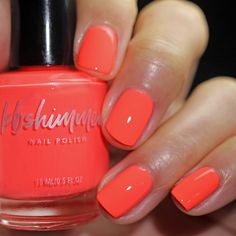 Totally Outrageous is a neon red-orange creme polish that will take you back. This vibrant coral shade leans slightly orange for a radiant color ideal for warm summer days. Two to three coats offer full coverage for this blacklight reflective shade. This bold shade is nearly impossible to capture accurately on camera, but rest assured this neon shade is shockingly beautiful in person.The Mix It Up CollectionGet out your neon, pop in your favorite mixtape, and join KBShimmer as we head back in ti Coral Nail Polish Colors, Orange Red Nail Polish, Neon Coral Nails, Timeless Nail Color, Neon Nail Colors, Coral Nail Polish, Kids Nail Polish, Sky Nails, Coral Nails