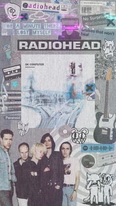 an advertisement for radiohead with people standing in front of it and the word radiohead on