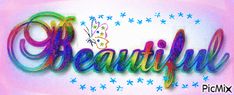 the word beautiful written in multicolored letters on a pink and blue background with stars