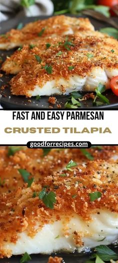 two pictures of fish with parmesan crusts and tomatoes on the side, one is