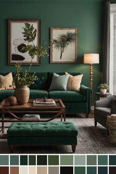 a living room with green walls and furniture