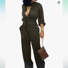 Women's Sexy Jumpsuits Elegant Long Sleeve Straight Long Pants Clubwear Rompers With Pockets Large Army Green Wide Leg High Waisted Belted With Faux Lather Belt No Tag Never Worn 95% Polyester 5% Spandex Fall Party Jumpsuits And Rompers With Pockets, Jumpsuits Elegant, Jumpsuit Elegant, Long Pants, Army Green, Pant Jumpsuit, Jumpsuit Romper, Wide Leg, Pants For Women