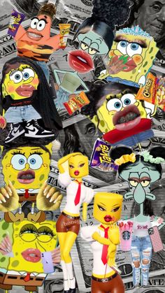 the spongebob collage has been altered to look like they are on top of money