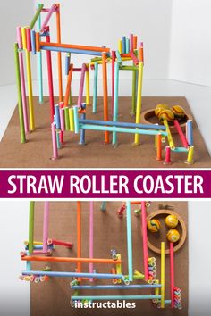 the instructions for how to make a straw roller coaster with colored sticks and construction materials