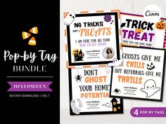 four halloween flyers with the words, trick or treat on them and an image of a ghost