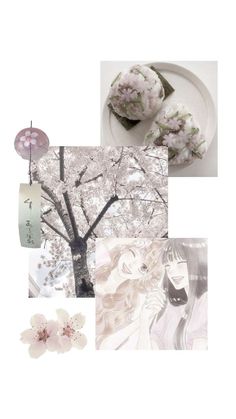 a collage of photos with flowers, trees and an umbrella in the middle is shown