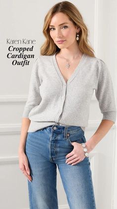 Stay stylish and comfortable with this versatile. This cardigan has a timeless design and is perfect for creating endless outfit options. The puff sleeves complete the look, allowing you to pair this cardigan with these straight leg jeans for a classic jean outfit.  This cardigan will quickly become your go-to for any occasion.

Copy URL to shop jeans-
 • https://www.karenkane.com/collections/clothing-pants/products/classic-straight-jeans-l48141-medium-blue Cropped Cardigan Outfit