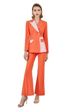 Elegant Coral Color Block Flare Pantsuit Description: Peak lapels; front button blazer V-Neck, Long sleeves; button sleeves Structured shoulders. Chest welt pockets. V-Neck, Long sleeves; buttons Structured shoulders. Hip flap pockets Polyester 100% Imported Brand - Aision Model Number - 221017C1+P6 Front Shop, Elegant Look, The Coral, Pant Suit, Colour Block, Blazer Buttons, Coral Color, Welt Pockets, Flap Pocket