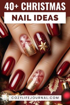 A hand with Christmas-themed nail art in red and gold colors with snowflake and star patterns, suggesting over 40 holiday nail design ideas. Christmas Nail Art Designs Xmas Sparkle Red Glitter Gold, Holiday Gel Manicure Ideas, Nail Art Xmas Ideas, Christmas Fingernails Simple, Ideas For Christmas Nails, Fall To Christmas Nails, Nail Designs For Christmas Holiday, Seasonal Nail Ideas, Holiday Acrylic Nail Designs